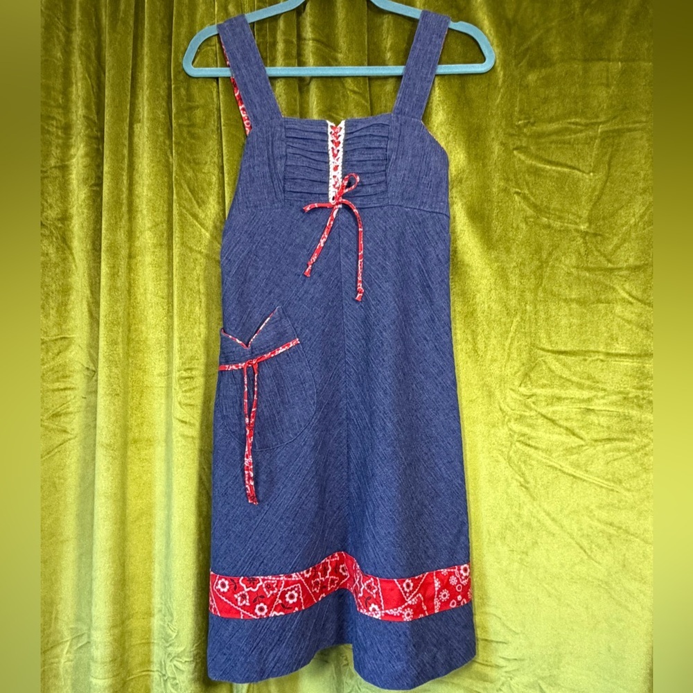Vintage 1970s Blue & Red Handkerchief Print Lace Up Mini Dress. Size XS